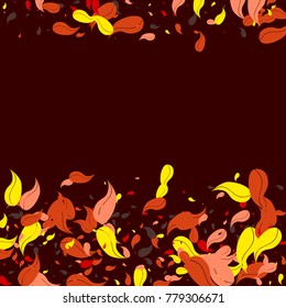 Red, orange and yellow petals on a burgundy background. Watercolor. Leaves. Pattern. Floral. Nature. Autumn. Frame of foliage. Vector illustration. Placer of leaves. Confetti made from leaves.