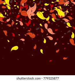 Red, orange and yellow petals on a burgundy background. Watercolor. Leaves. Pattern. Floral. Nature. Autumn. Frame of foliage. Vector illustration. Placer of leaves. Confetti made from leaves.