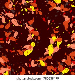 Red, orange and yellow petals on a burgundy background. Watercolor. Leaves. Pattern. Floral. Nature. Autumn. Frame of foliage. Vector illustration. Placer of leaves. Confetti made from leaves.