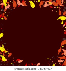Red, orange and yellow petals on a burgundy background. Watercolor. Leaves. Pattern. Floral. Nature. Autumn. Frame of foliage. Vector illustration. Placer of leaves. Confetti made from leaves.