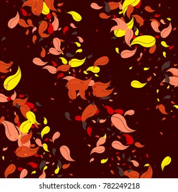Red, orange and yellow petals on a burgundy background. Watercolor. Leaves. Pattern. Floral. Nature. Autumn. Frame of foliage. Vector illustration. Placer of leaves. Confetti made from leaves.