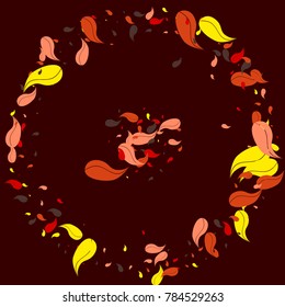 Red, orange and yellow petals on a burgundy background. Watercolor. Leaves. Pattern. Floral. Nature. Autumn. Frame of foliage. Vector illustration. Placer of leaves. Confetti made from leaves.