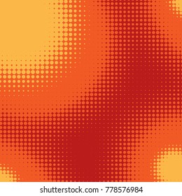 Red, Orange and Yellow Pop Art Halftone Spots Background. Positive joyful backdrop. Colorful fun background. Vector Illustration. 