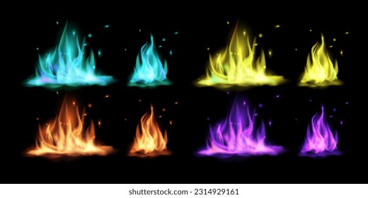 Red, orange, yellow, purple and blue fire flame realistic set. Fire flames burning, natural gas burning and igniting red and blue fire. Vector illustration.