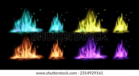 Red, orange, yellow, purple and blue fire flame realistic set. Fire flames burning, natural gas burning and igniting red and blue fire. Vector illustration.