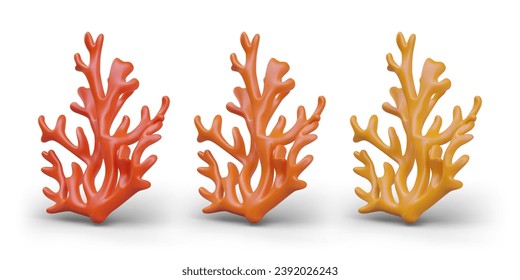 Red, orange, yellow realistic coral. Woody oceanic branching polyp. Sea creature. Calcareous decorative structure from seabed. Bright element for aquarium