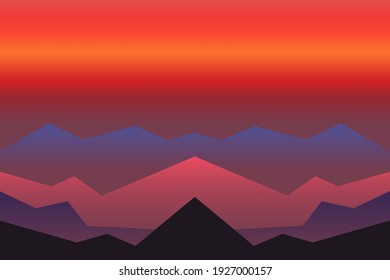 Red, orange and yellow sun set sky. Violet, blue and black mountains silhouette. Sandy dunes. Graphic design. Nature and ecology. Horizontal orientation. For social media, post cards and post cards