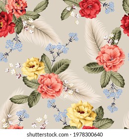 red orange and yellow vector flowers with green and cream leaf pattern on background