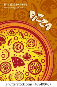 Red, orange, yellow, vector poster Pizza. The ingredients in the background.