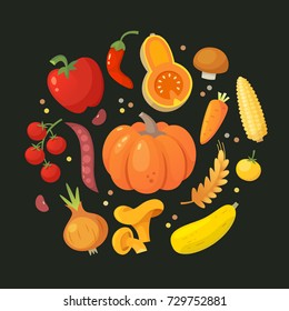 Red, orange and yellow vegetables arranged in circle. Vector illustration with dark background