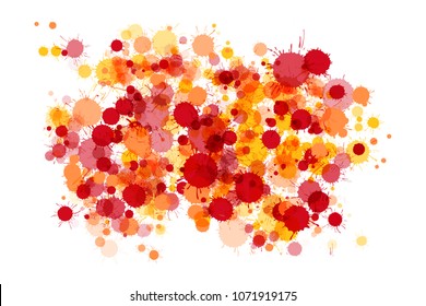 Red, orange, yellow watercolor paint drops vector colorful background
