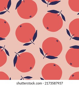 Red oranges with branch and leaf hand drawn vector illustration. Juicy fruit seamless pattern for fabric or wallpaper.	