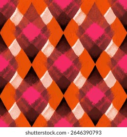 Red and orangish-pink geometric diamond pattern,  grunge lines ikat pattern, ikat seamless pattern, Vector illustration background for print the paper.