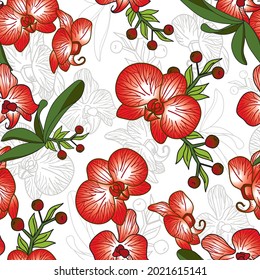 Red Orchid Flowers Seamless Pattern Background