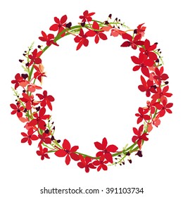 red orchid frame, floral wreath circle frame, isolated vector