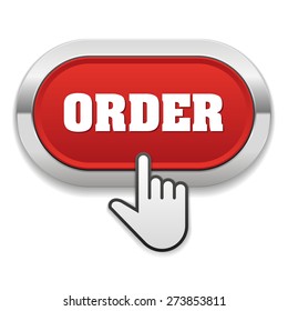 Red order button with metallic border on white background