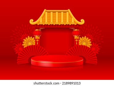 Red oriental background, banner with podium or round stage for product display. Chinese traditional gate with bamboo roof, hand fans and floral decor on backdrop. Vector illustration