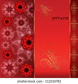Red oriental background with flowers and gold