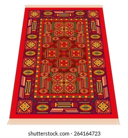 Red oriental carpet, perspective presentation. Isolated vector illustration over white background. 