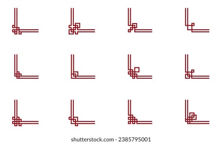 Esquinas rojas de nudos chinas orientales. Fronteras de arcos asiáticos chinos, japoneses y coreanos. Ornamentos asiáticos tradicionales para su diseño. Elementos japoneses rojos vectores. Gráfico de ilustraciones, decoración de cultura asiática