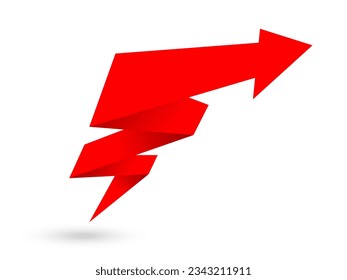 red origami arrow, paper pointer made of paper, abstract symbol of growth and achievement, design element, vector illustration