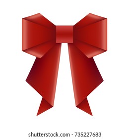 Red origami bow. Red ribbon with bow made of paper on a white background. Vector illustration.