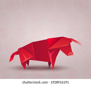 Red origami bull made of paper on Chinese background. The symbol of the Eastern New Year. Polygonal figure of livestock. Strong animal. Vector object for cards, banners and your design.