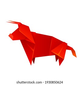 Red origami bull made of paper. The symbol of the Eastern New Year. Polygonal livestock figure. Strong animal. Vector object for cards, banners and your design.