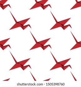 Red origami crane seamless pattern. A single object pattern. Crane in isometry. Suitable for paper, fabric, children or oriental motifs. White background