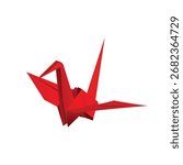 Red Origami Crane. Vibrant Paper Bird Isolated on White Background