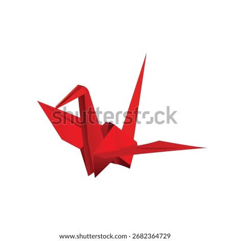 Red Origami Crane. Vibrant Paper Bird Isolated on White Background