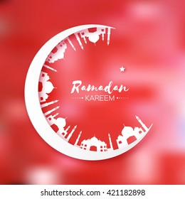 Roter Origami Crescent Moon mit Moschee. Ramadan Kareem Grußkarte. Heiliger Monat des Muschels. Symbol des Islam. Applique Vektorgrafik.