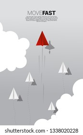 red origami paper airplane with fighter plane shadow is move faster than group of white. Business Concept of fast lane for moving and marketing
