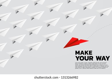 red origami paper airplane go different way from group of white. Business Concept of disruption and vision mission.