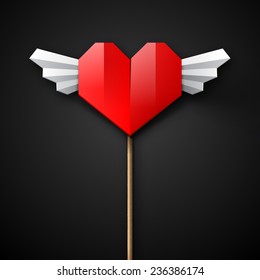 Red origami paper heart with white wings on a black background, vector illustration for Saint  Valentine's Day