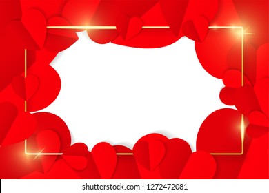 Red origami paper hearts with gold shiny glowing vintage frame background. Luxury wedding, Valentines or mothers day concept. Love, feelings, tenderness design. Vector illustration