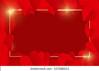 Red origami paper hearts with gold shiny glowing vintage frame background. Luxury wedding, Valentines or mothers day concept. Love, feelings, tenderness design. Vector illustration