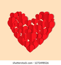 Red origami paper hearts isolated on beige background. Valentines day concept. Love, feelings, tenderness design. Vector illustration