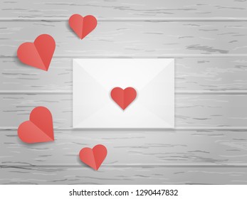 Red origami paper hearts on wood board background. Top view on Valentine day letter flatlay. Vector flat illustration