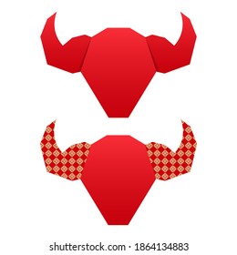 Red Origami Paper Ox Gesicht auf weißem Hintergrund.