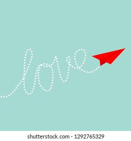 Red origami paper plane in the sky. Dash line Love text. Happy Valentines Day card. Flat design. Blue background. Isolated. Vector illustration