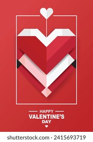 Red origami polygonal heart in a white box on red background, Happy Valentines Day lettering greeting card