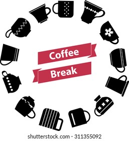 Red origami ribbon with lettering "Coffee Break" on mugs and cups frame. Circle label. Cups and mugs collection.