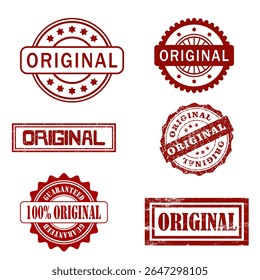 Carimbo original vermelho definido em várias formas e estilos grunge, isolado no fundo branco. Ideal para rótulos, embalagens, marketing, promoções e projetos vintage ou retro-temáticos.