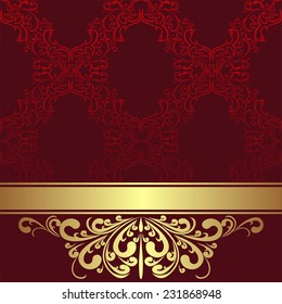 Red ornamental Background with golden  Border and Ribbon.