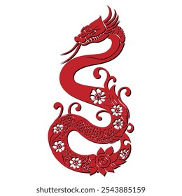 Red ornamental chinese snake silhouette with floral patterned textured skin. Happy Chinese new year 2025 snake Zodiac sign, year of the Snake. Ornate decorative trendy isolated snake on white. Element