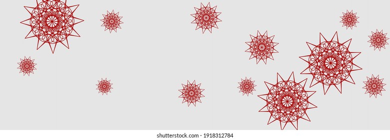 Red Ornamental Christmas Stars Snow Ornament. Horizontal Santa Holiday New Year Mandala Illustration. Silver Snowflakes White White Wallpaper. Bright Chaotic Grey Winter Print Sky Wallpaper.