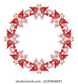 Red ornamental circular pattern on white background. Card template design. Decorative vector frame.