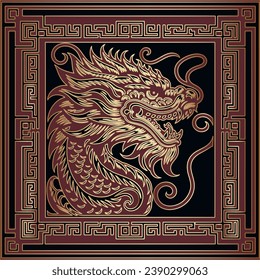 Red ornamental drawing chinese dragon with gold outlines and square chinese style frame. Beautiful decorative luxury pattern. Vector background. Trendy ornate design.