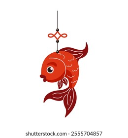 Red ornamental fish with lucky knot flat color vector object. Celebrating Chinese New Year with fortune signs illustration on white background